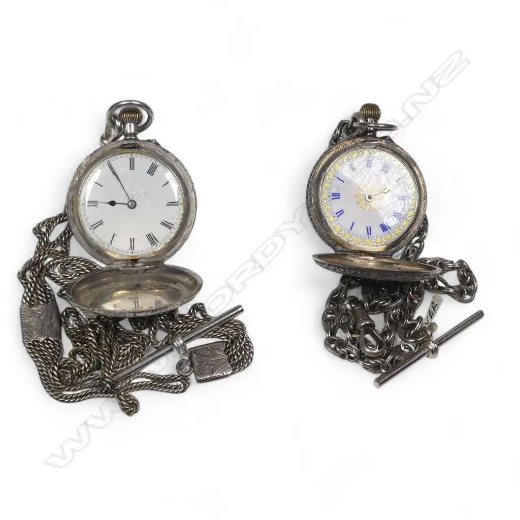 Two lady's European .925 silver hunter pocket watches, one on a silver multi-link fancy chain,  the other on a silver plate multi chain Albertina. Hand absent on on. Image 1++