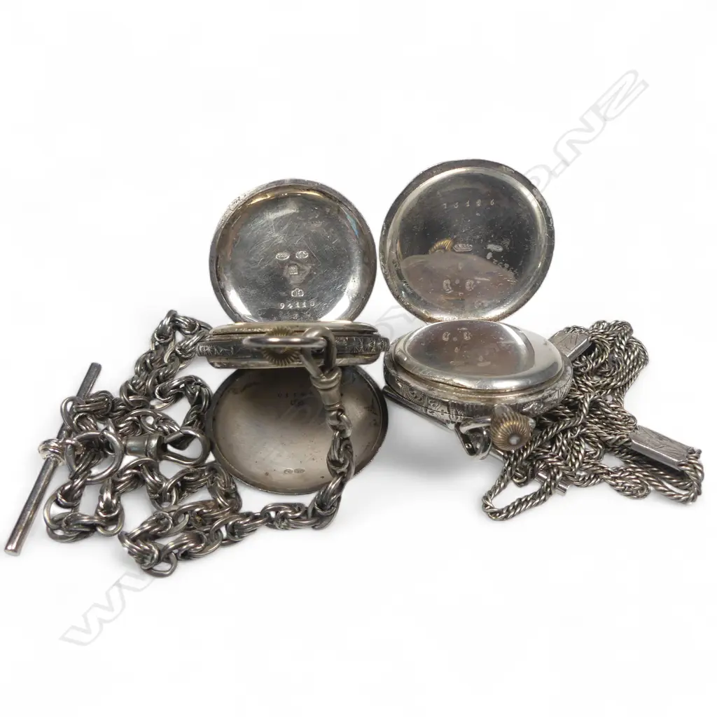 Two lady's European .925 silver hunter pocket watches, one on a silver multi-link fancy chain,  the other on a silver plate multi chain Albertina. Hand absent on on. Image 1++