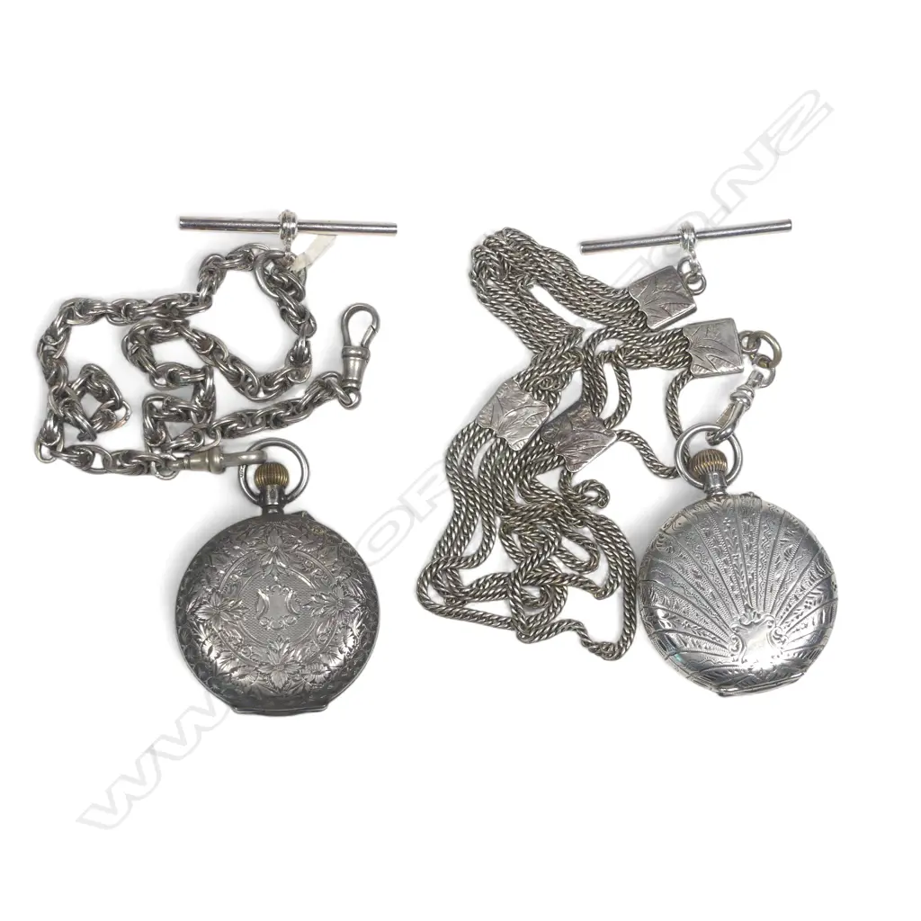 Two lady's European .925 silver hunter pocket watches, one on a silver multi-link fancy chain,  the other on a silver plate multi chain Albertina. Hand absent on on. Image 1++