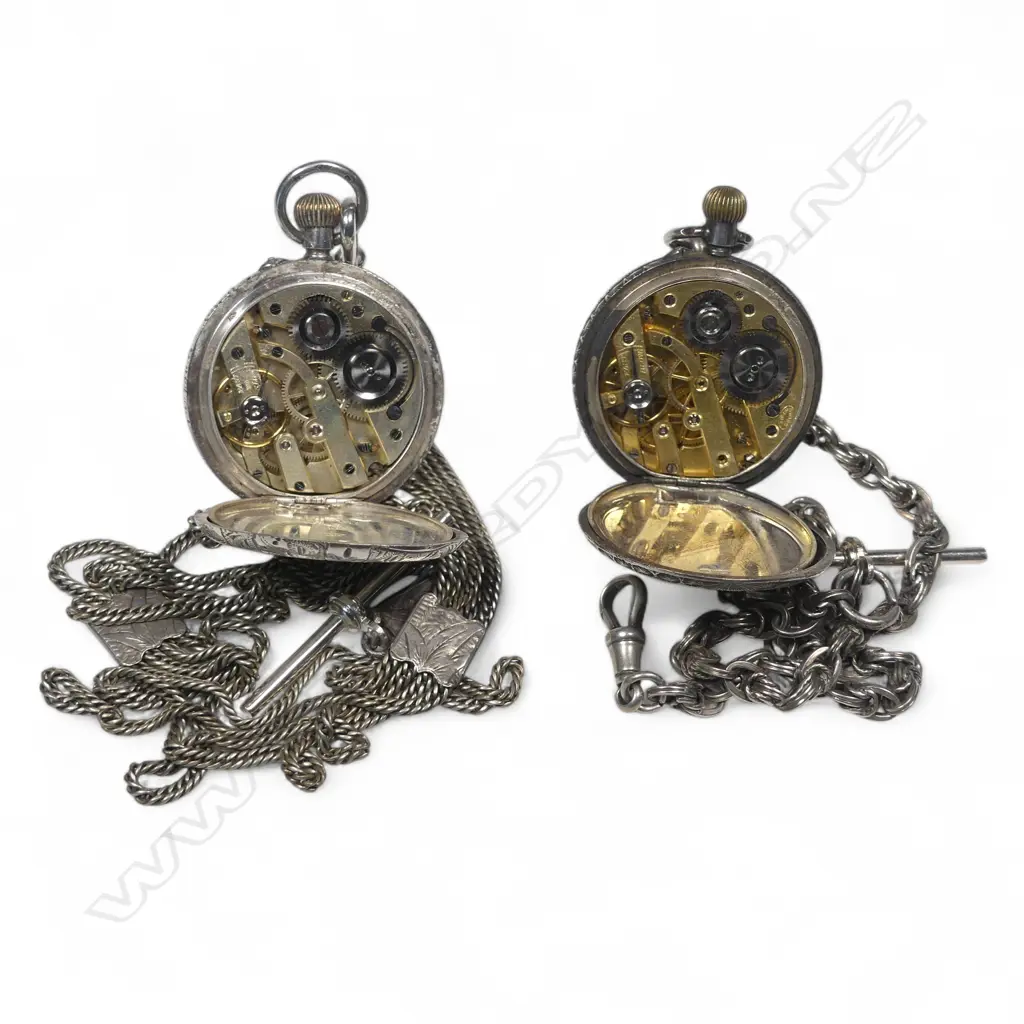Two lady's European .925 silver hunter pocket watches, one on a silver multi-link fancy chain,  the other on a silver plate multi chain Albertina. Hand absent on on. Image 1++