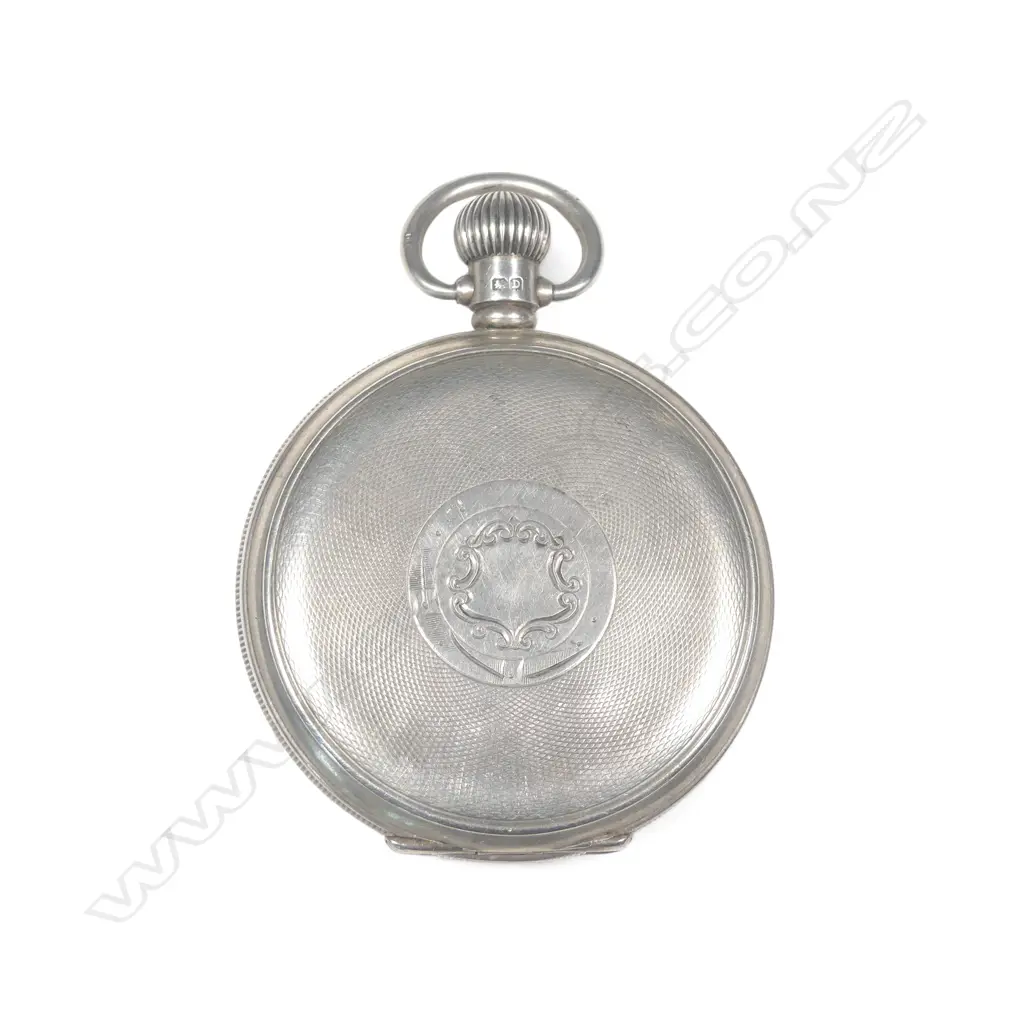 A sterling silver hunter cased pocket watch, Birmingham 1929, stem wind Swiss movement, white enamel Roman dial, rail track minutes, sunken subs seconds at VI, Image 1++