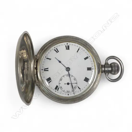 A sterling silver hunter cased pocket watch, Birmingham 1929, stem wind Swiss movement, white enamel Roman dial, rail track minutes, sunken subs seconds at VI,