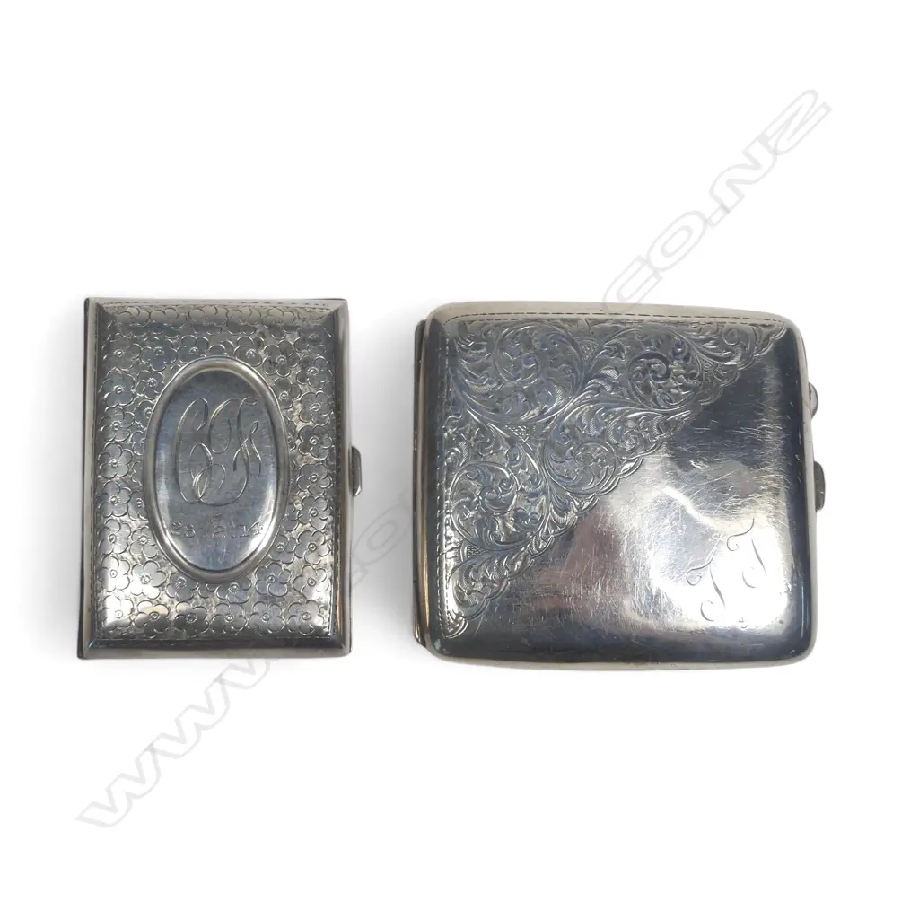 Two sterling silver cigarette cases, Birmingham 1910 and 1922. Total 145gm Image 1++