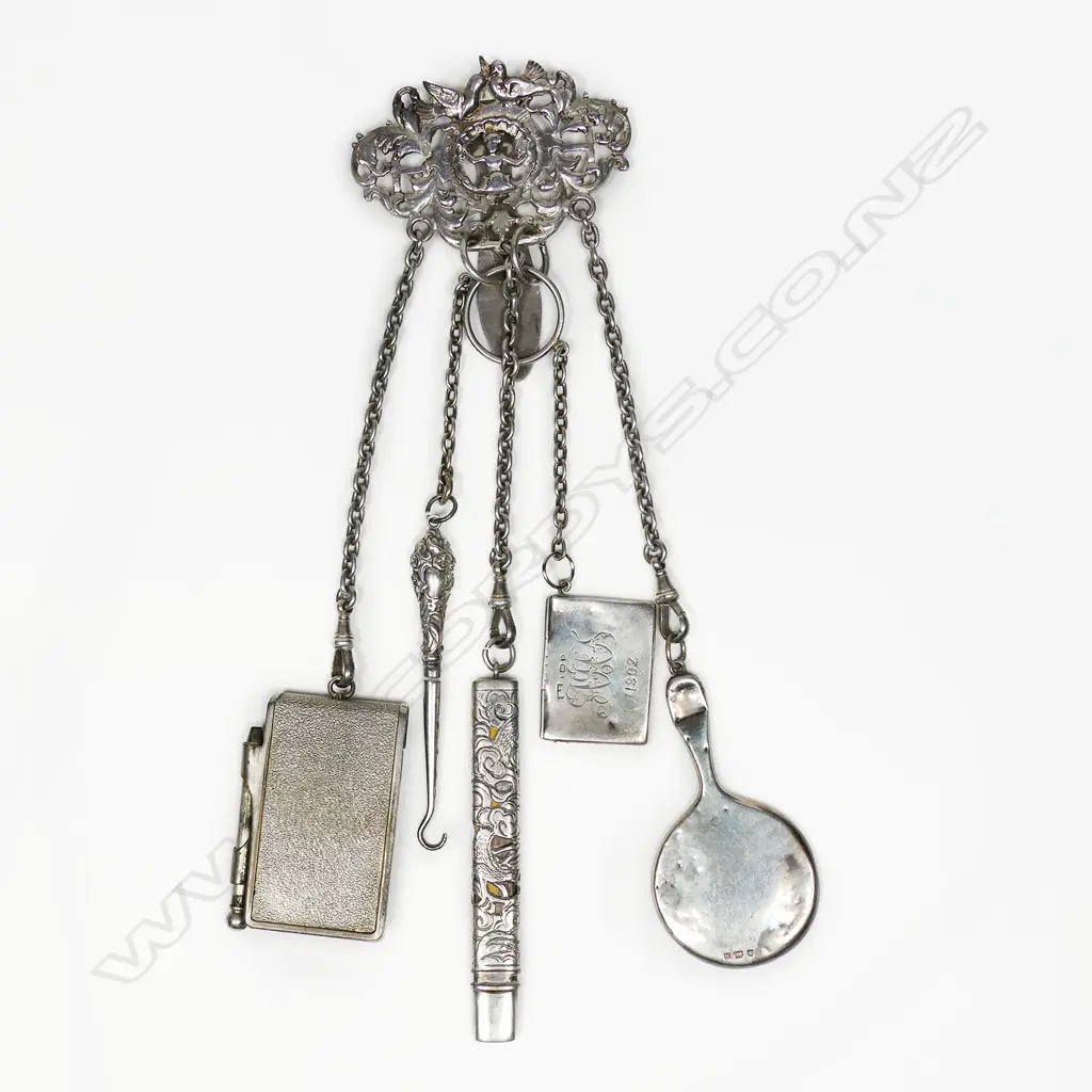 A late Victorian silver chatelaine clip (repaired) with five chained implements: Image 1++