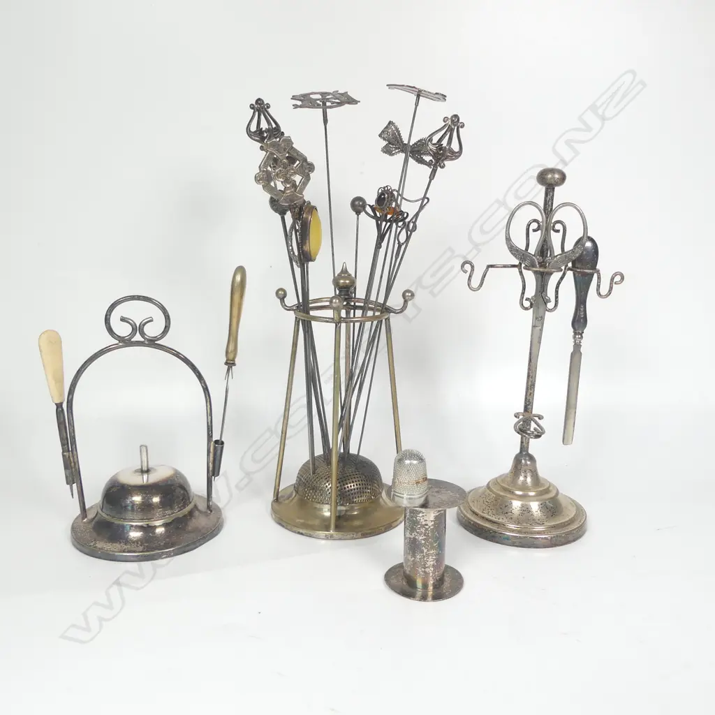 Silver plated hat pin stand, hat pins, manicure stand and a sewing stand Image 1++