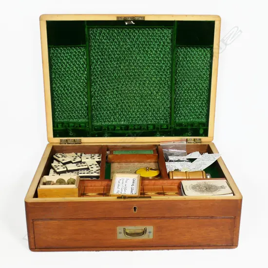 A games box, containing chess and draughtsmen, dominoes, cribbage board, game counters and marker, dice, cards, table skittles and Spellicans game,