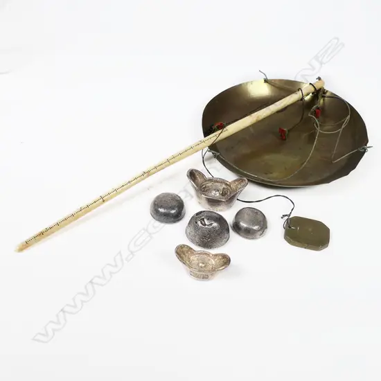 A Chinese steelyard type scale and five variously marked silver tael weights
