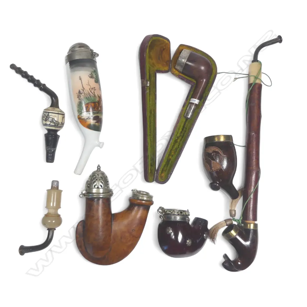 Three old German wooden pipes, a German transfer decorated pipe bowl and an English briar pipe bowl with silver rim, lacking stem Image 1++