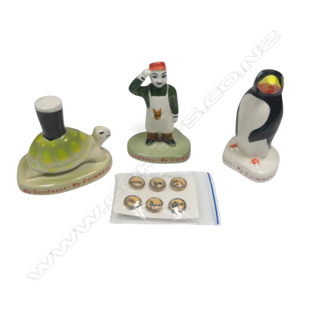 'My Goodness - My Guinness', three Carlton ware promotional figures, along with a set of six Guinness waistcoat buttons. Image 1++