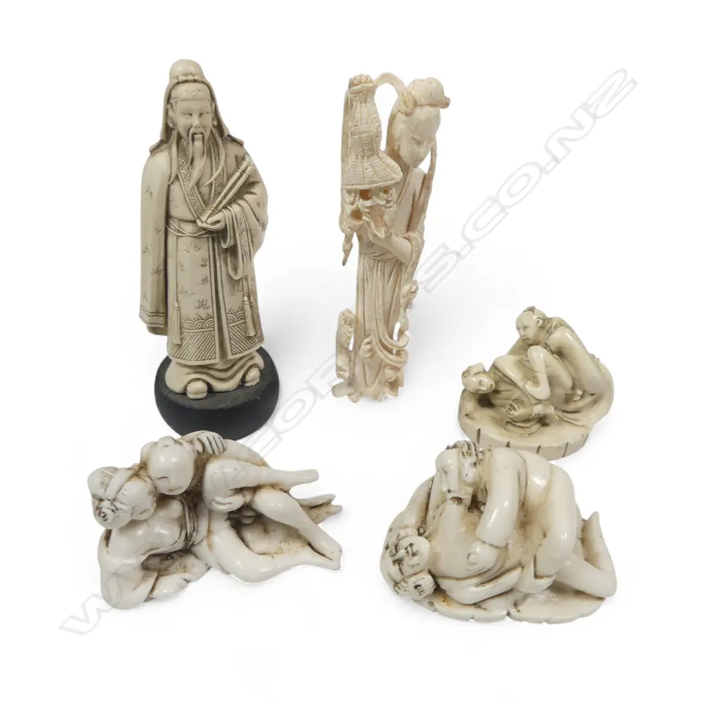 Three faux ivory erotica okimono, faux ivory figure of Shao Lao and a figure (probably ivory) of Kuanyin. Image 1++