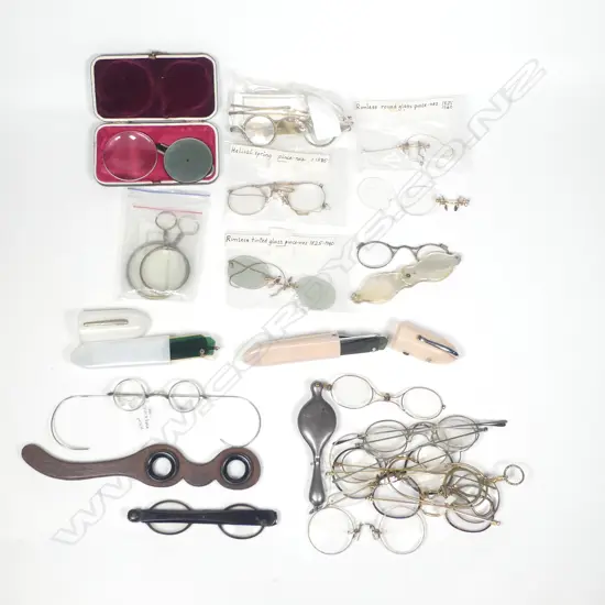 Pince nez and early spectacles of various designs, lorgnettes and two pair of 1960s folding pocket sunglasses.
