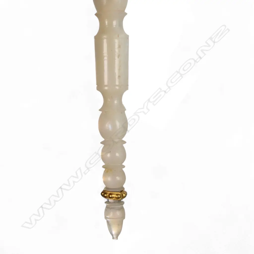 A small French 19th century posy holder, gilded basket on a turned mother of pearl handle with finger ring chain and chained pin. H.90mm Image 1++