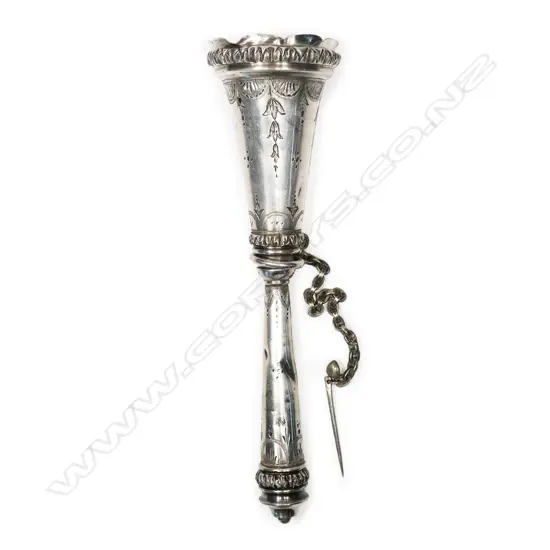 Late 19thC silver plated posy or nosegay holder, the cone engraved with swags and hops, on a tapering handle with acanthus knops. H.155m