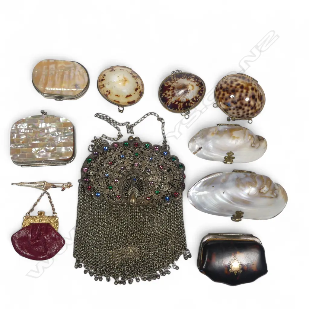 French 1880s piqué tortoiseshell change purse; a bejewelled peacock mesh purse and a collection of seaside souvenir shell purses. Image 1++