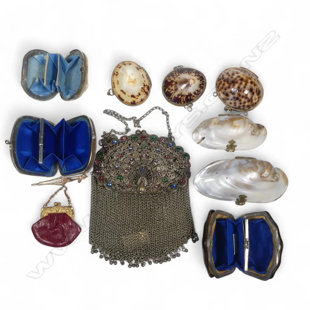 French 1880s piqué tortoiseshell change purse; a bejewelled peacock mesh purse and a collection of seaside souvenir shell purses. Image 1++