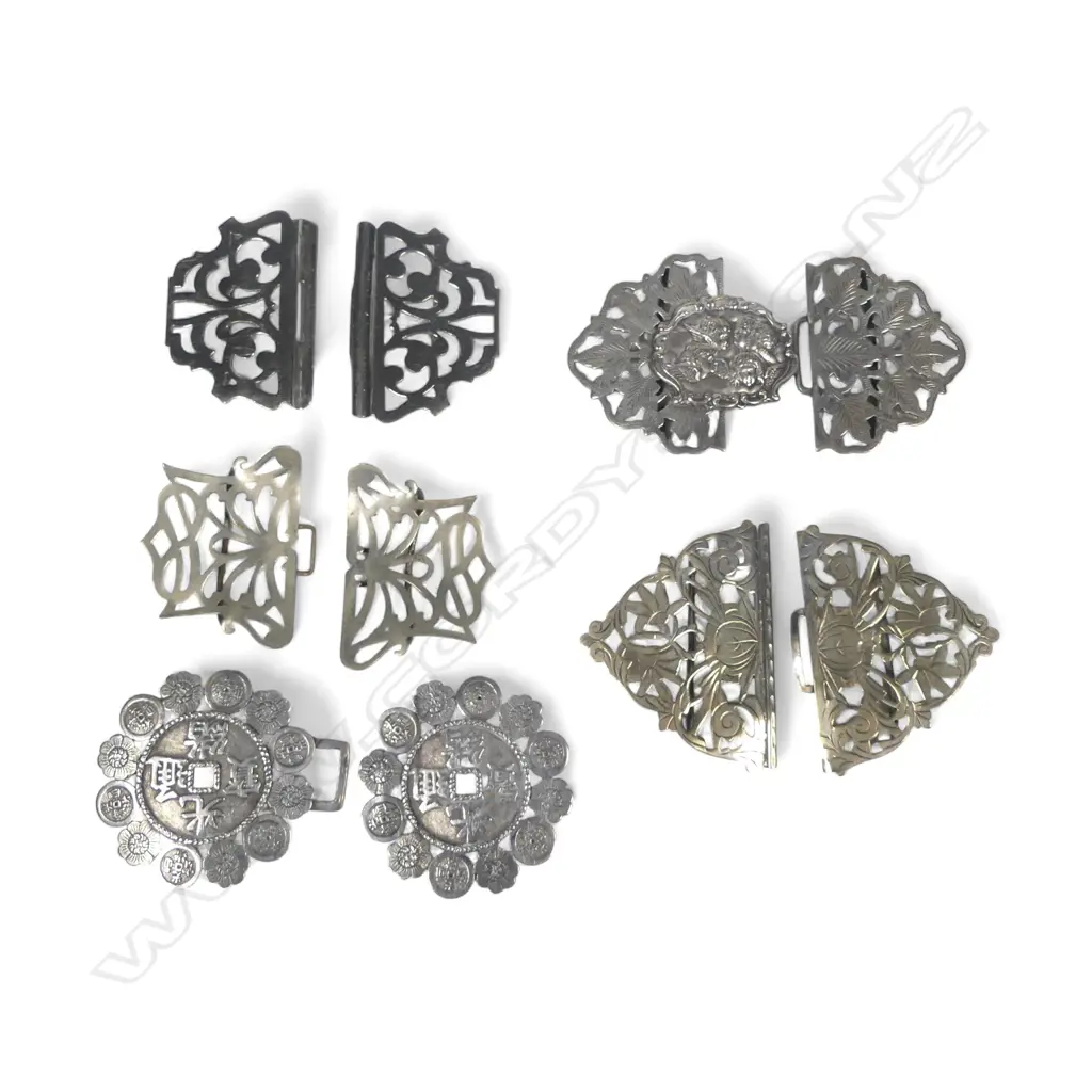 Four silver plated two-piece sash belt buckles and a two-piece Chinese silver belt buckle with Qing Guangxu Tongbao coin design to the centre Image 1++