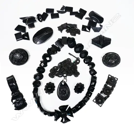 A tray of jet and French jet brooches, bracelets, necklaces and parts