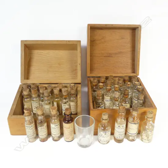 Two boxes of ~37 tincture vials bearing labels of an early 20thC New Zealand homeopathic consultant and a pharmacy - Marriage's Pharmacy and A.G. Grove, both of Queen St.