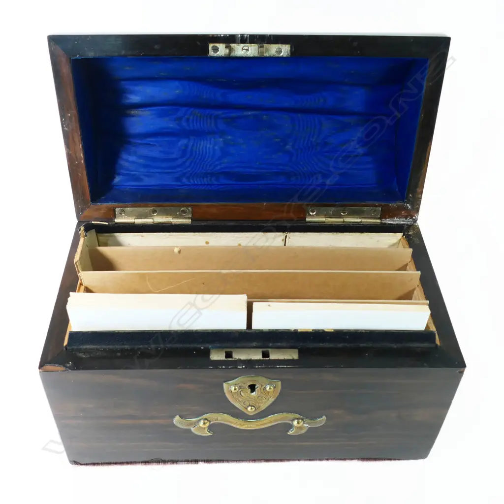 A Victorian coromandel wood domed stationery box, with bold brass Medieval inspired mounts, Image 1++