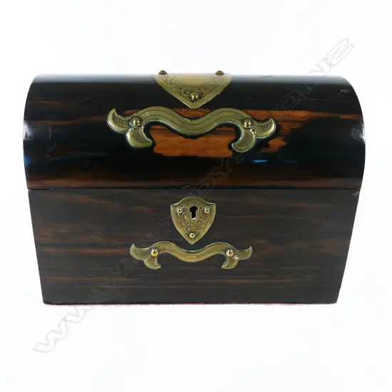 A Victorian coromandel wood domed stationery box, with bold brass Medieval inspired mounts,