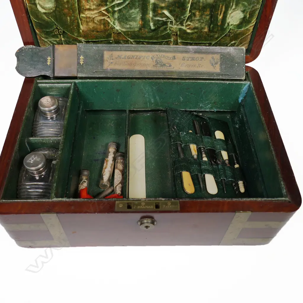 A good George IV period brass bound mahogany gentleman's dressing case by Thomas Briggs* 27 Piccadilly, London, with sterling silver capped cut crystal bottles and jars by John & Archibald Douglas, London 1825, Image 1++