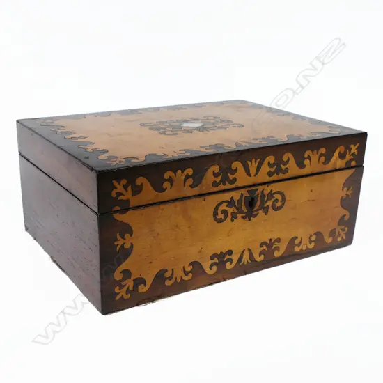 A Victorian maple and rosewood marquetry veneered workbox, relined with silk and containing mother-of-pearl bobbins,