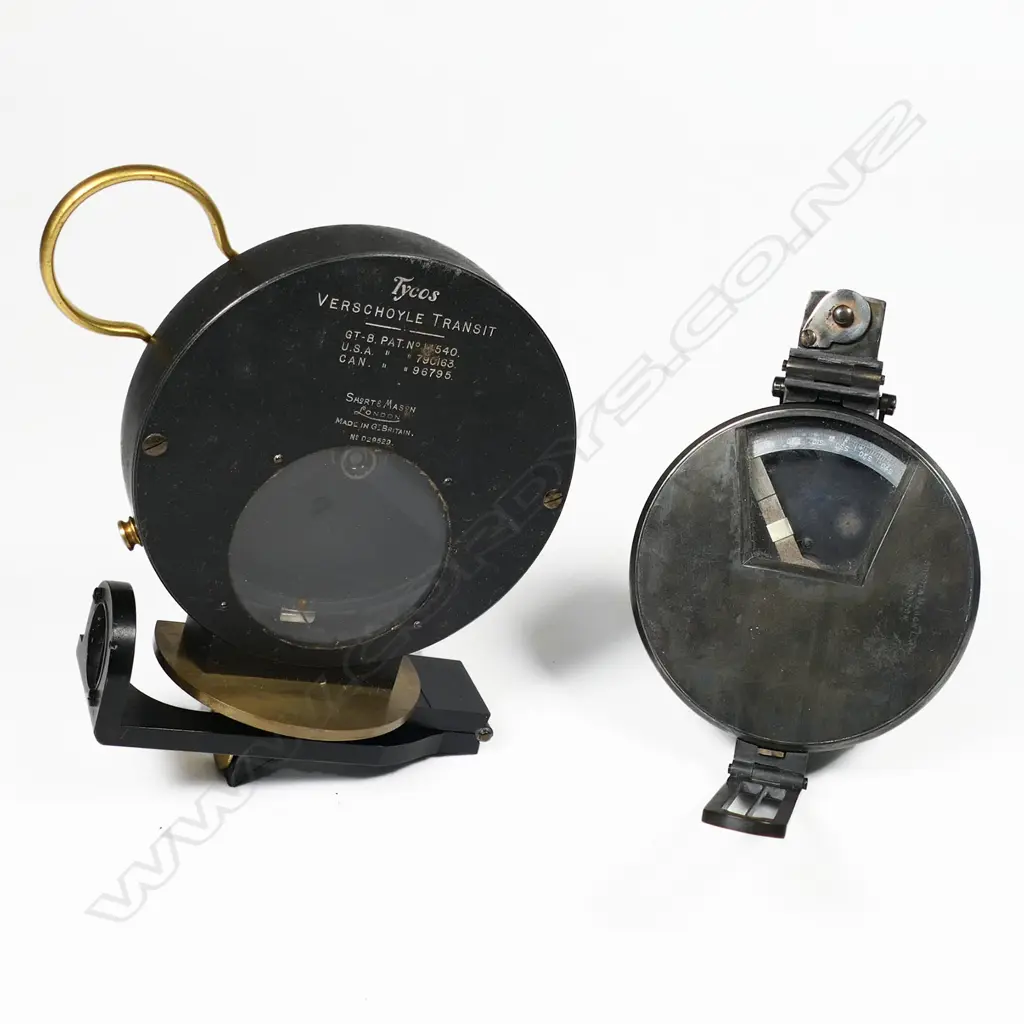 A Short & Mason black enamelled and gilt brass pocket 'Tycos' Verschoyle Transit (and case)* and a 70mm gunmetal prismatic survey compass on stem by the same maker. Image 1++