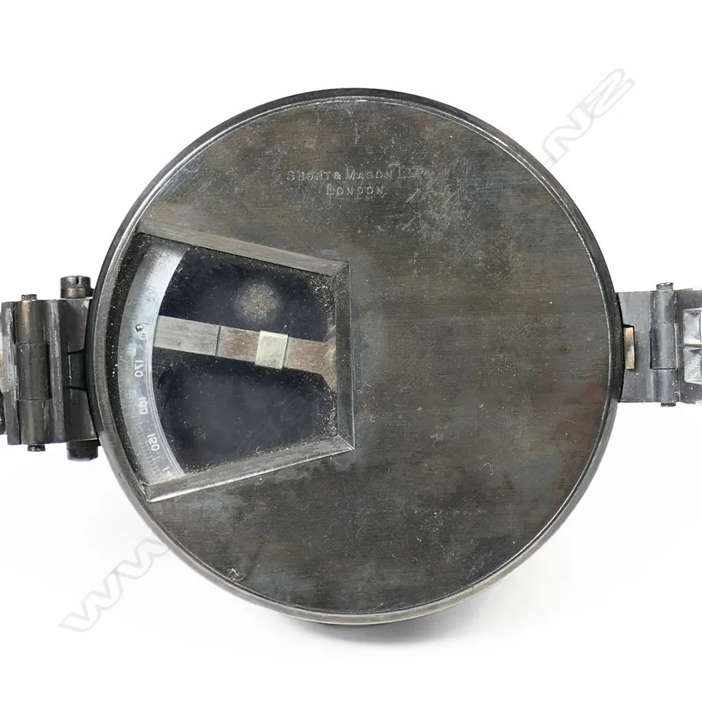 A Short & Mason black enamelled and gilt brass pocket 'Tycos' Verschoyle Transit (and case)* and a 70mm gunmetal prismatic survey compass on stem by the same maker. Image 1++