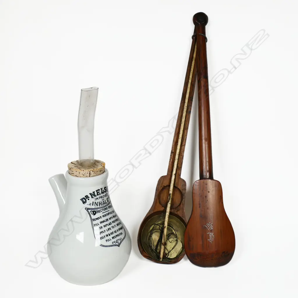Dr. Nelson's Improved Inhaler, with glass mouthpiece; and a set of 19thC Chinese bone and brass balance scales in original bamboo banjo shaped case. L.350mm Image 1++