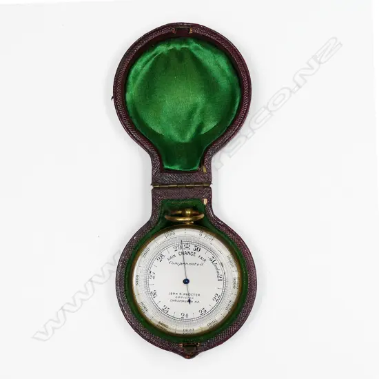 An NZ retailed gilt brass compensated pocket barometer-altimeter, dial signed John R. Procter, Optician, Christchurch, NZ, in red leather case