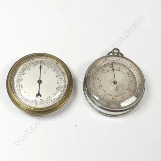 A brass cased small metric barometer-altimeter, and a silver plated cased French pocket aneroid barometer-altimeter,
