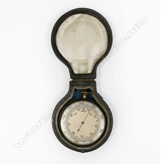 A 19thC brass cased open faced pocket barometer-altimeter in fabric lined brown leather case,