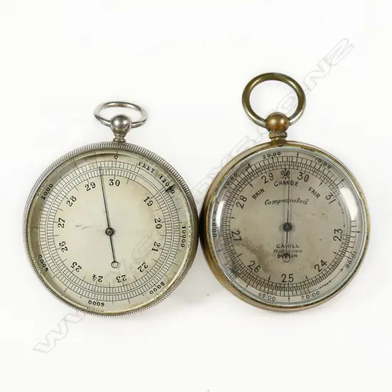 Two 19thC open face pocket barometer-altimeters, one brass the other silver plated,
