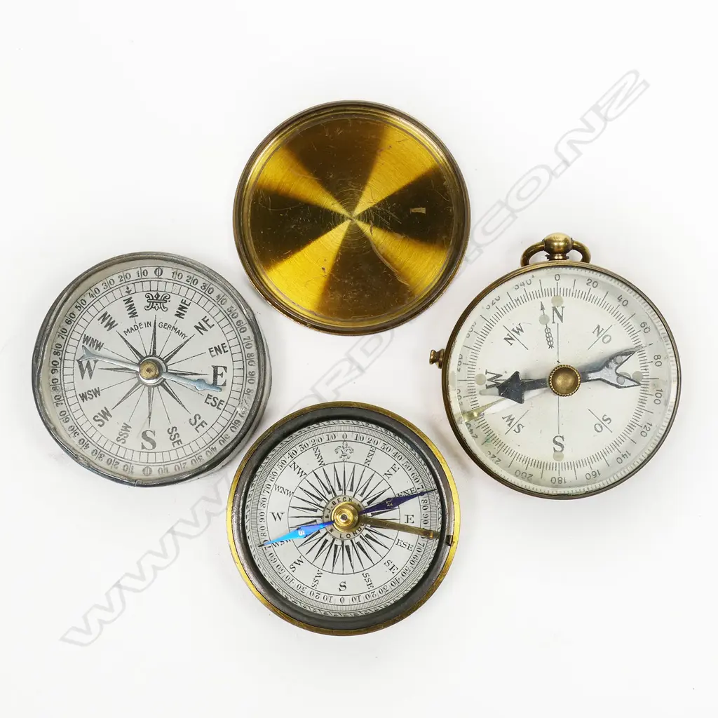 Three brass pocket compasses, all pivot needle, one with press lid by Beck, London, Image 1++