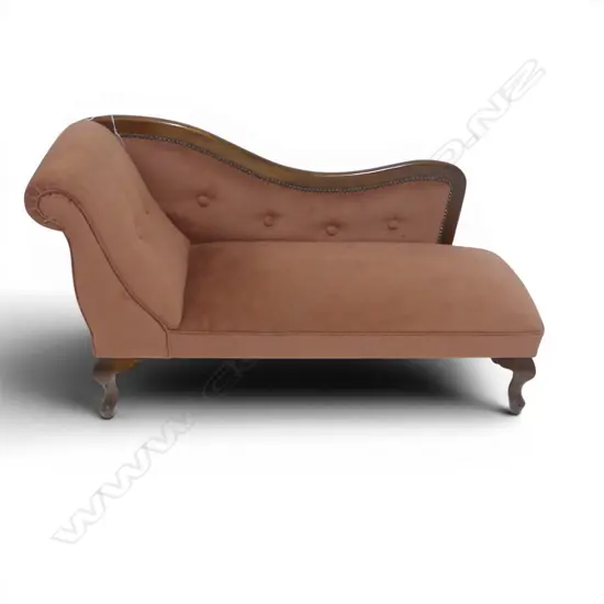 Child's chaise lounge with rose coloured velvet upholstery,
