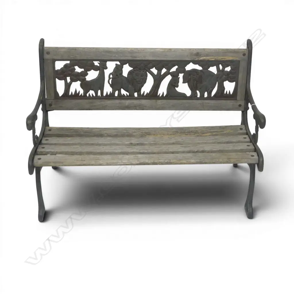 A child's outdoor bench seat with metal backrest featuring African animals Image 1++