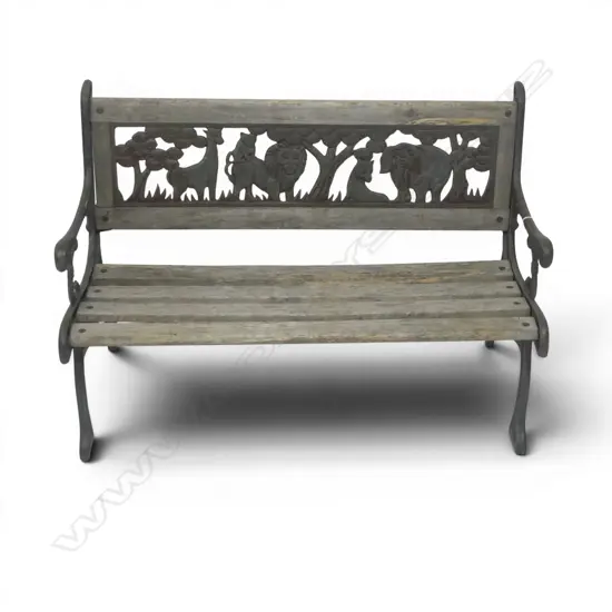 A child's outdoor bench seat with metal backrest featuring African animals