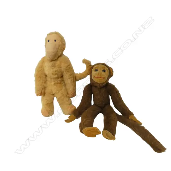 Two vintage soft toy tagged monkeys,