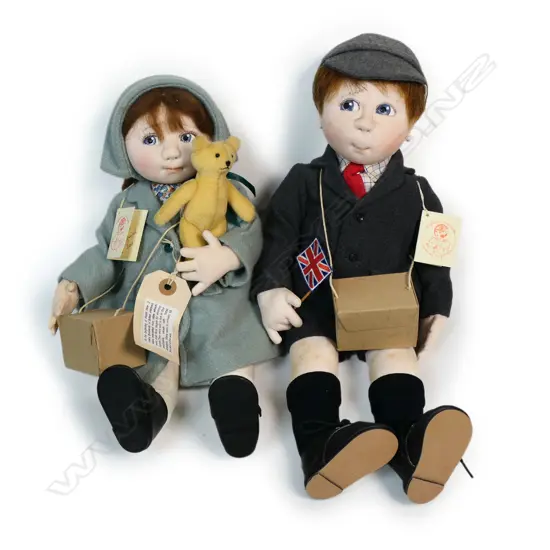 Pair of WWII Boy and Girl Evacuee felt dolls,