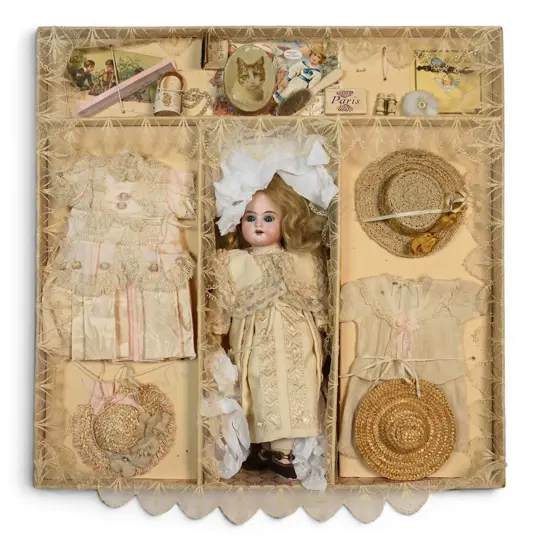 Rare boxed antique Armand Marseille German doll with complete ensemble,