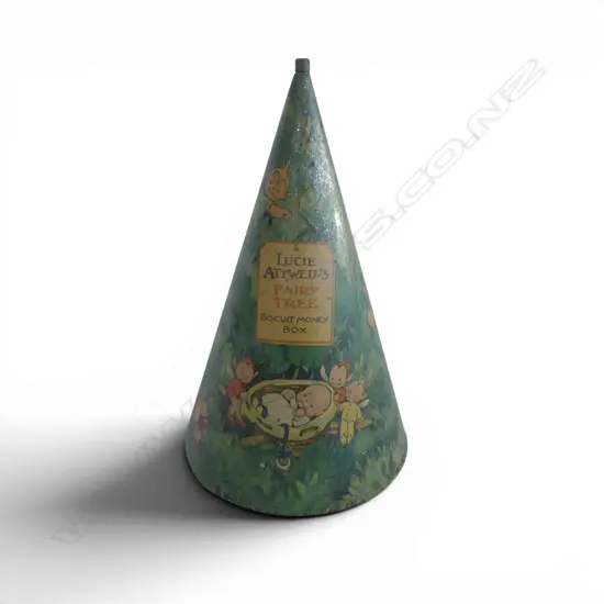 Vintage Lucie Attwell illustrated fairy tree biscuit money box,