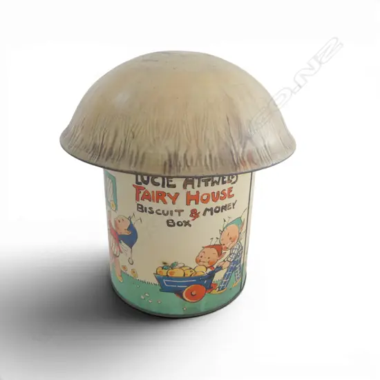 Vintage Lucie Attwell fairy house biscuit and money box,