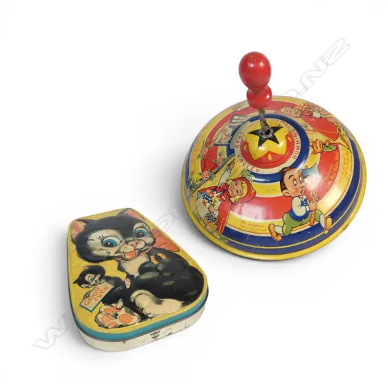 Vintage tin lithographed spinning top and cat lidded tin,