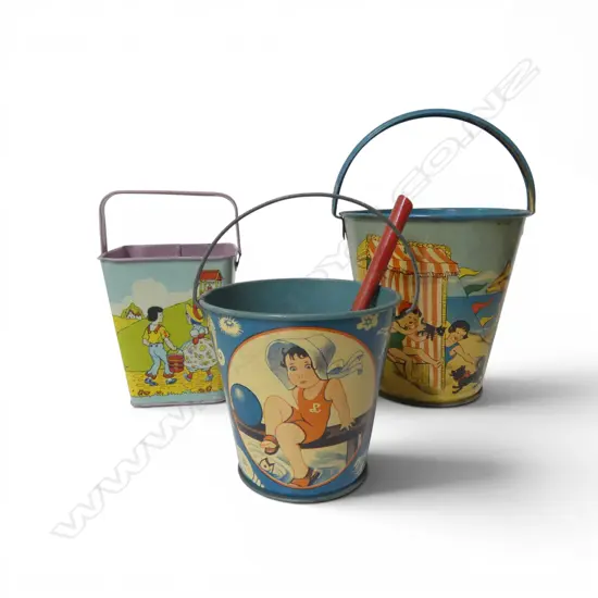 Three vintage lithograph printed tin buckets with one spade,