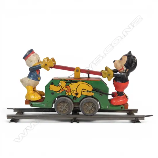 Vintage Mickey Mouse and Donald Duck Hand Car with tracks,