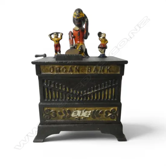 Antique cast iron mechanical coin 'Organ Bank' money box,