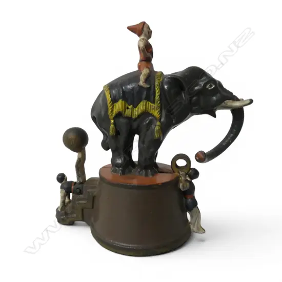 Mechanical 'Elephant and Three Clowns' money box,