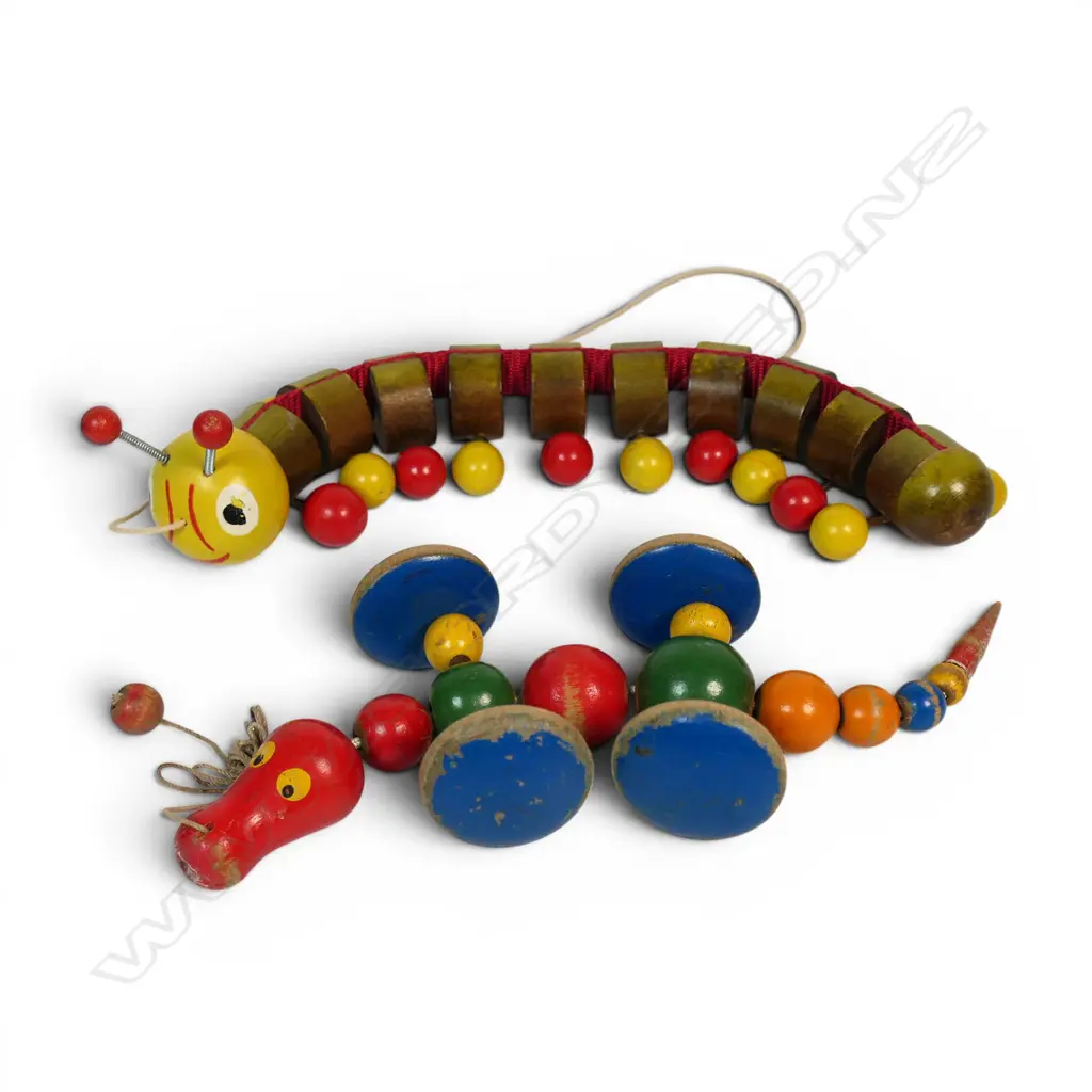 Two wooden vintage pull-toys; caterpillar and alligator, Image 1++