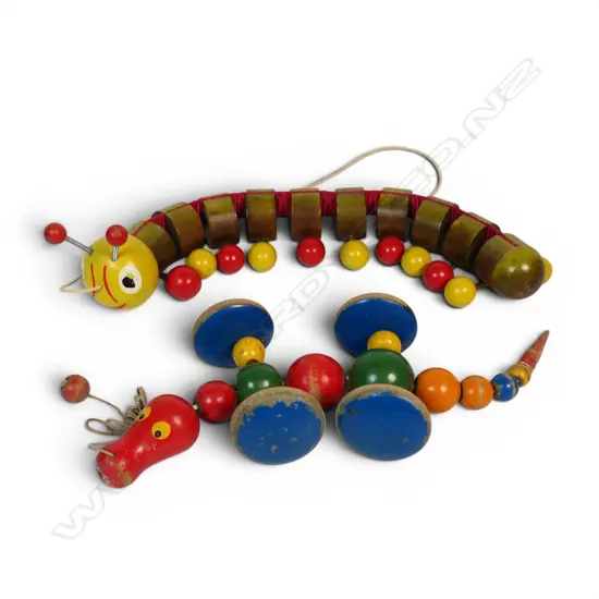 Two wooden vintage pull-toys; caterpillar and alligator,