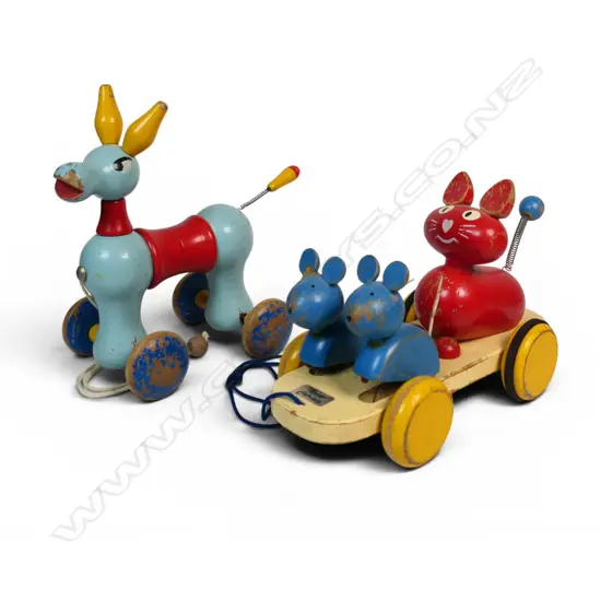 Two vintage wooden pull-toys; 'Mouse Cat-eer' and Donkey,